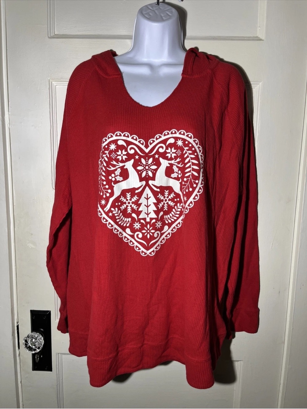 Women’s Hoodie Size 1X Holiday Time Red Reindeer Waffle Knit